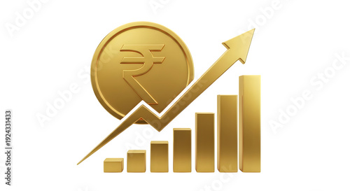 Indian rupee currency symbol with growing graph and arrow