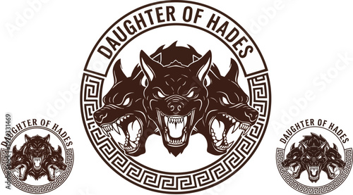 Daughter of Hades Cerberus logo design. Includes three-headed dog with snarling faces in a circular frame with Greek key pattern. Created in monochrome brown and white style.