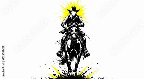 Cowboy riding horse with yellow sunburst and grunge elements. Western style illustration of a man on horseback in black and white with yellow accents.