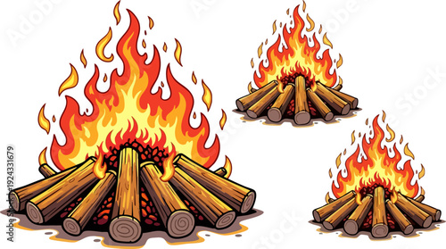 Campfire vector illustration. Includes three burning bonfires with logs and flames. Created in cartoon style with orange, red, and brown palette.