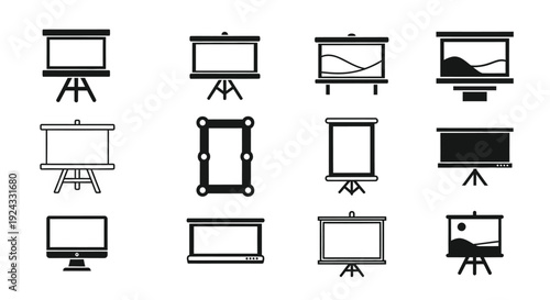 Multiple blank projection screens and display monitors.