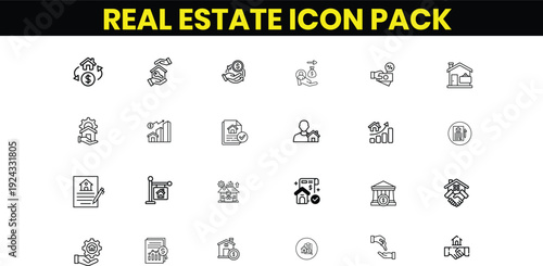 Real Estate Linear Outline Icons Set – Editable Stroke Property Icon Pack Including Home, Apartment, Mortgage, Location, Construction Vector Illustration for Website and Mobile UI