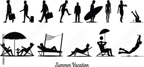 Summer Vacation Silhouettes People Relaxing and Playing Beach Activities holiday