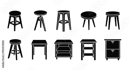 Assorted furniture icons feature various stools and sides.