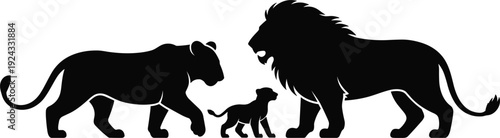 Silhouette Lion Family Male Female and Cub on White Background lions