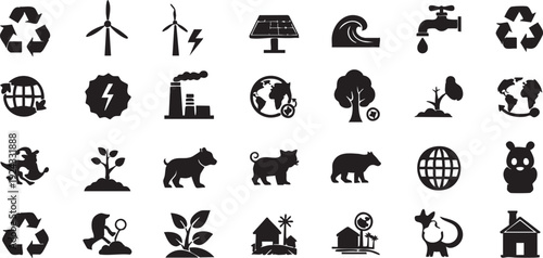 Black and white eco friendly on white background recycling wind turbine solar panel