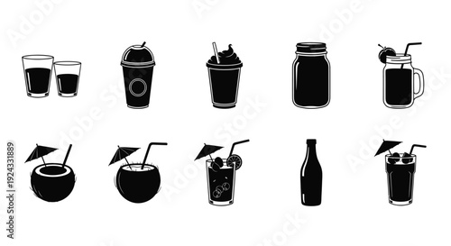 Assortment of stylized cold drinks and beverage containers.