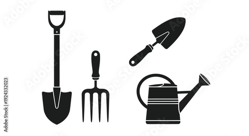 Shovel, trowel, fork, and watering can shapes are black.