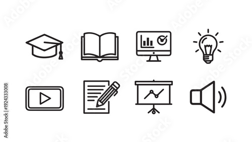 Education and Learning Icons: Graduation Cap Book Computer Lightbulb Video Writing Presentation Sound