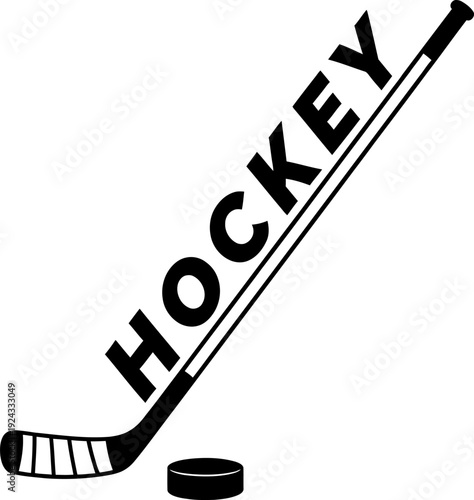 Hockey stick with puck and diagonal text, ice hockey sport typography design, winter sport equipment logo, monochrome clipart