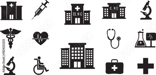 Black and white medical including hospital buildings and medical equipment medical hospital buildings