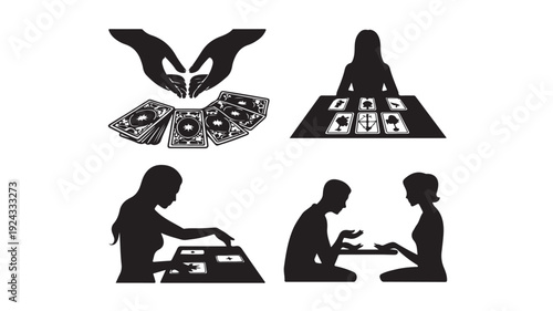 Vector Illustration Of Silhouette People Playing Cards For Gambling And Entertainment Concept
