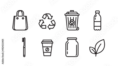 Eco-friendly icons: shopping bag recycle trash bottle toothbrush cup jar leaf