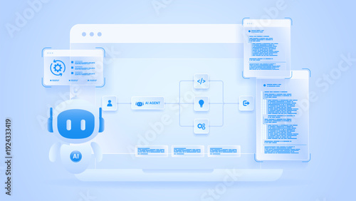 AI workflow automation artificial intelligence. ai agent workflow assistant diagram dashboard machine learning with data pipelines, flow process, coding and automation system.