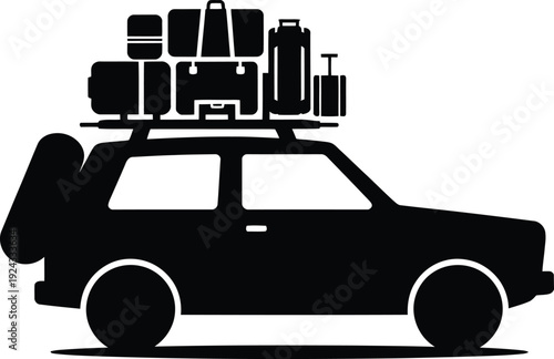 A fully loaded car ready for a long adventure trip with various luggage on the roof