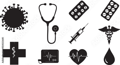 Black and white medical including virus bacteria stethoscope syringe pills medical black and white