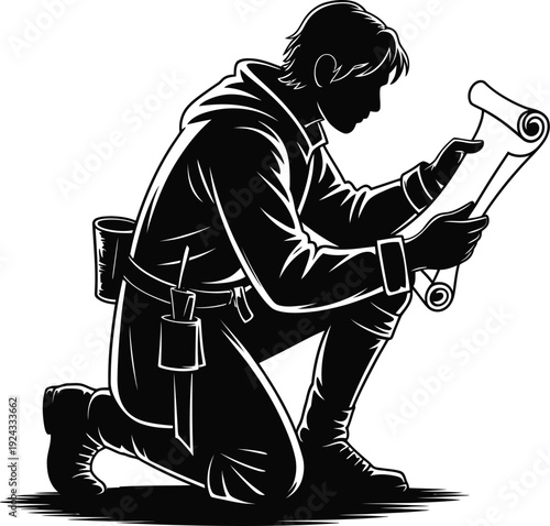 Silhouette of LARPer kneeling to check map or quest scroll, small rolled parchment in hand