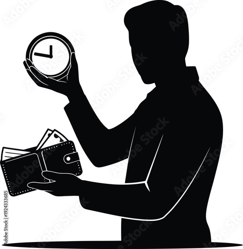 Silhouette of person holding pocket watch and wallet with coins spilling out