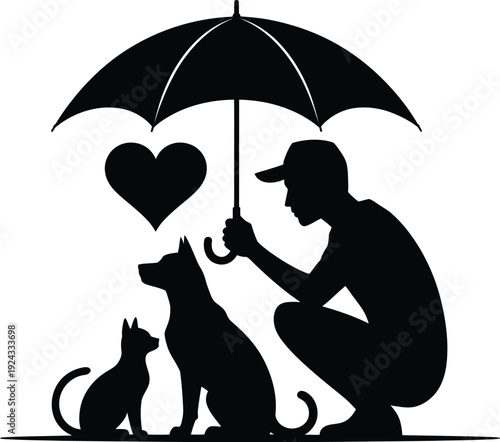 A man sharing love and protection with his three loyal pets under an umbrella