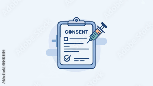 Modern medical icon of consent form with syringe on clipboard for healthcare