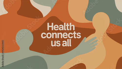 Minimalist vector poster design featuring diverse people with health connects us all text