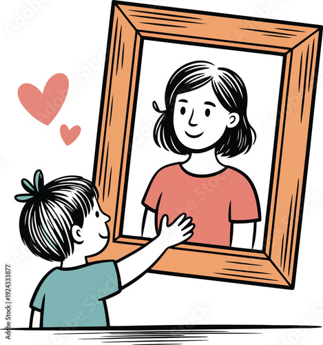 Child looking at mother's portrait in frame, reaching out to touch, family bond and memories