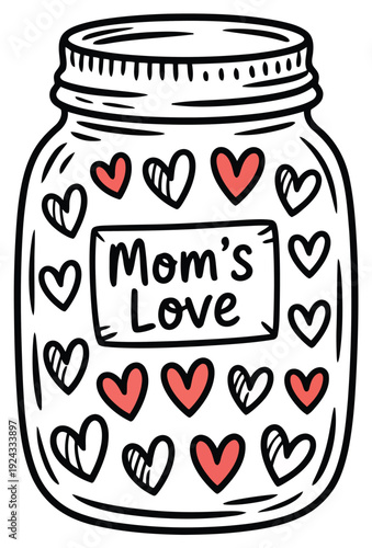 Jar filled with hearts labeled "Mom's Love", overflowing with affection and appreciation