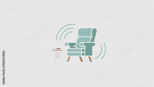 Minimalist icon design featuring a comfortable teal armchair with ottoman and side table on gray background