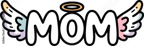 Mom text with angel wings and halo, representing mother's angelic love, devotion, and heavenly presence