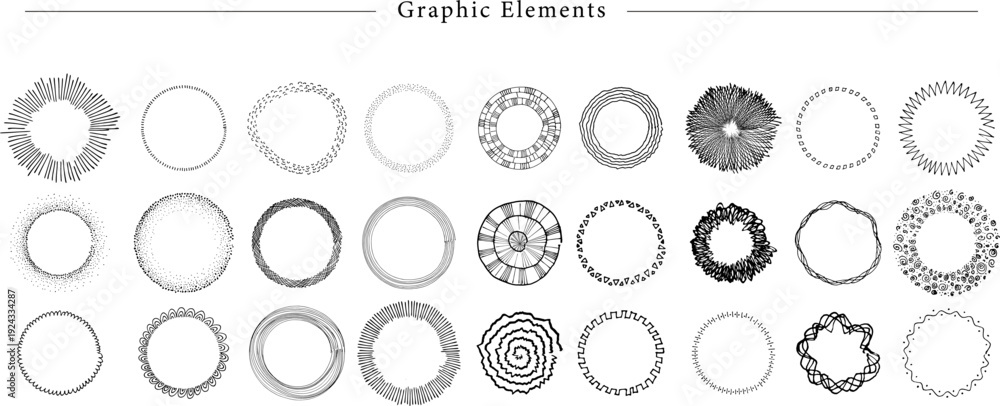 Fototapeta premium 27 Abstract Circular Frames Geometric, Hand Drawn Scribble and Textural Graphic Elements for Framing Icons and Adding Visual Hierarchy