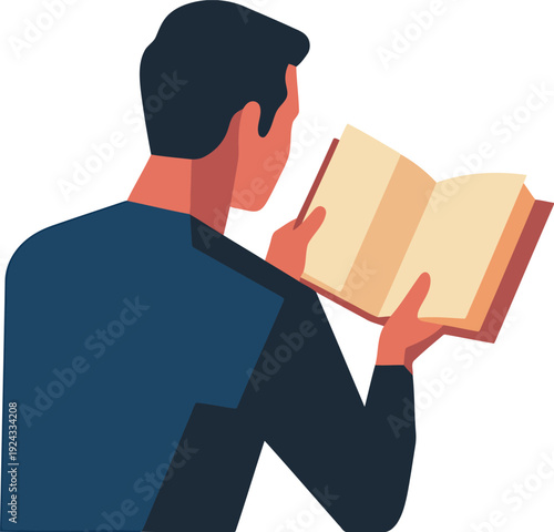 Back view of man holding open book, reading, learning, studying, intellectual exploration, knowledge seeking