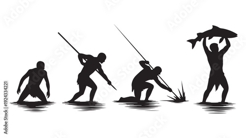 Vector Illustration Of Ancient Hunter Catching Fish In Water With Spear For Hunting And Survival Concept