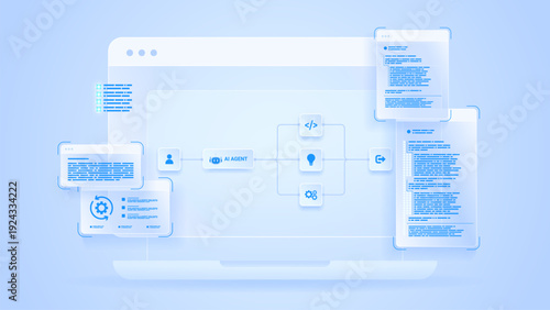 AI workflow automation artificial intelligence. ai agent workflow diagram dashboard with node input, flow process, analytic, coding and automation system.