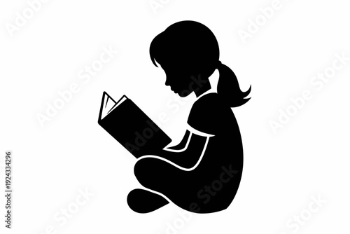 A young girl engrossed in reading a book with focus and curiosity isolated on white background, Vector, illustration