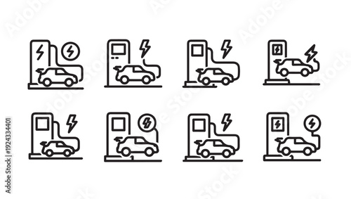Electric Car Charging Icons Set: Vehicle Connecting to Power Station Clean Energy Transport Line Art Symbols