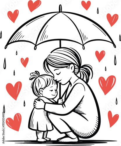 Mother protects child under umbrella during rain, surrounded by hearts, showing love and care, family bond.