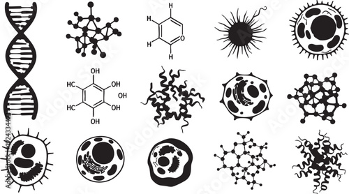 Black and white of D N A molecular structures and cells biology science