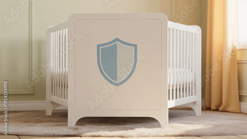 Modern white wooden baby crib with shield emblem in nursery room with natural light