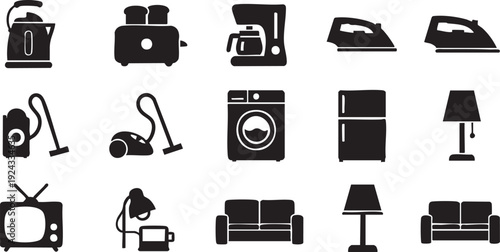 Black and white of household appliances and furniture silhouette kitchen appliances