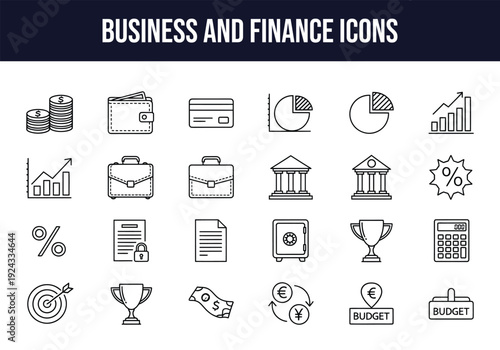 Business and finance icons set for financial analysis and planning