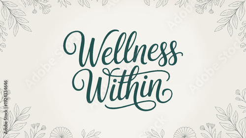 Soft green calligraphy text 'wellness within' on a light background with leaf patterns