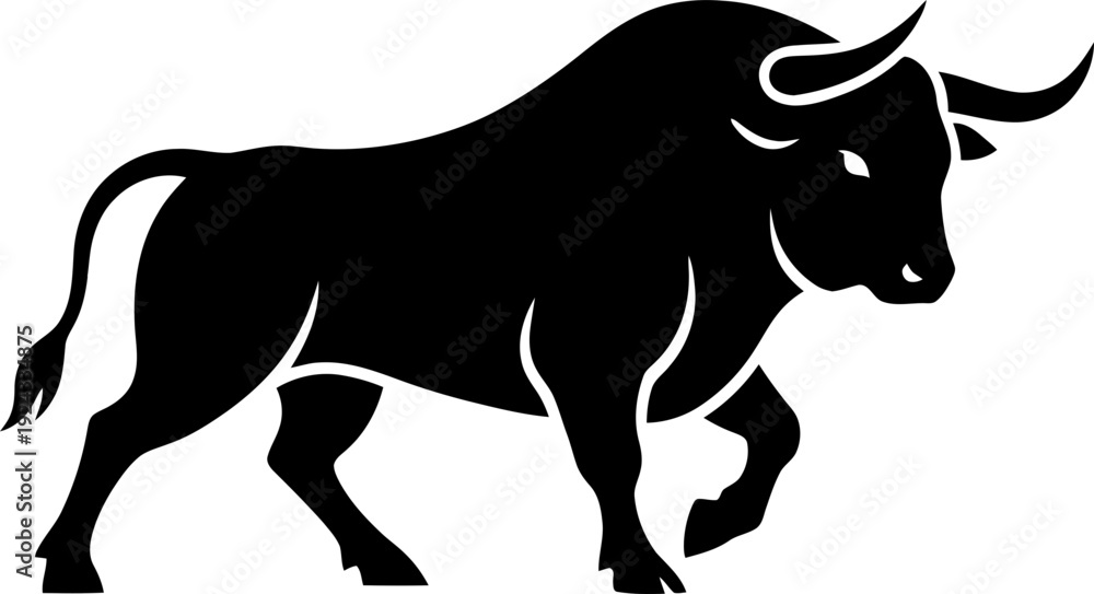 Fototapeta premium Bull vector illustration with powerful stance for logo, symbol, or graphic element design. Taurus zodiac animal. Black silhouette.