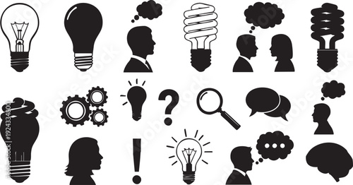 Black and white of lightbulbs people thinking and communication symbols silhouette