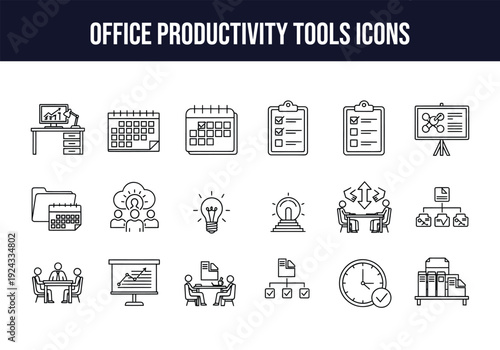 Office productivity tools icons set for business and organization