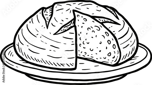 Fresh cut loaf of bread on a dish with a slice removed. Homemade bakery concept. Hand drawn outline sketch vector illustration for food menu