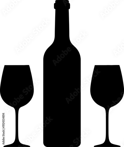 Wine bottle and two wine glasses silhouetted with concept of celebration, fine dining, or a romantic evening. Vector illustration