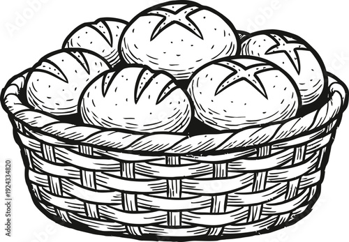 Wicker basket filled with freshly baked bread rolls, showcasing a rustic and traditional bakery concept. Vector illustration for menu design