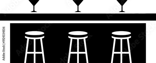 Bar counter with three stools and martini glass icon. Drinking establishment or pub symbol. Simple black and white vector illustration for restaurant menu, signage