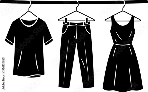Black t-shirt, pant, and dress hanging on individual hangers on a horizontal bar. Clothing retail or personal wardrobe concept. Vector illustration