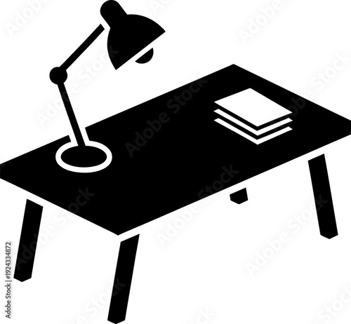 Desk lamp with stacked paper on a study or work table. Interior furniture for office or home. Flat design style. Black and white vector icon